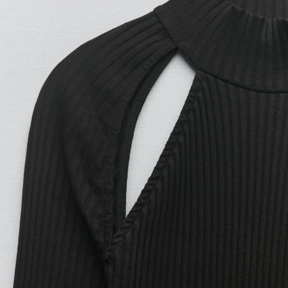 Zara Black Ribbed Long-Sleeve Cutout-Back Dress -NWT - Picture 5 of 6